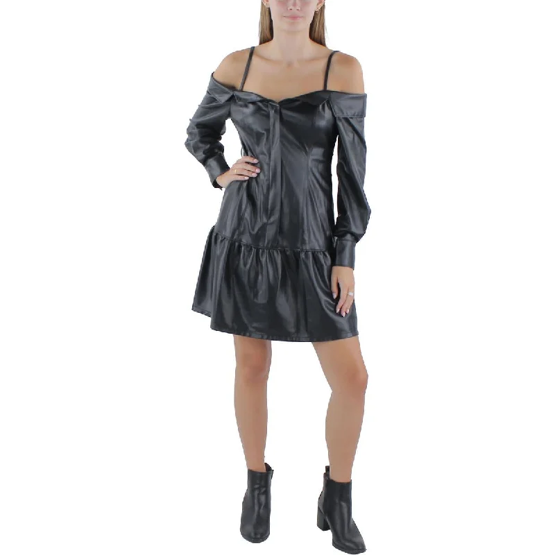 Karl Lagerfeld Paris Womens Faux Leather Mini Fit & Flare Dress