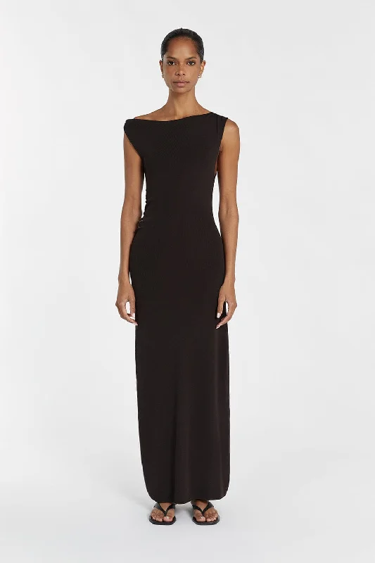 POPPY BITTER CHOC ASYM MIDI DRESS