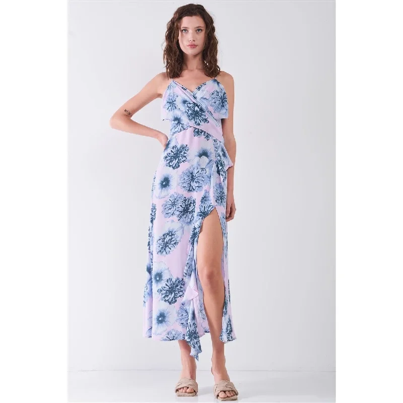 Floral Print Sleeveless SelfTie Wide Wrap Front Ruffle Hem Side Slit Detail Midi Dress