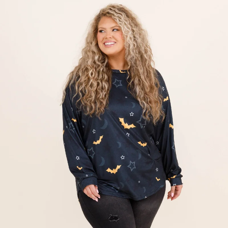 Curved Hem Slouchy Dolman Tunic, Festive Bats