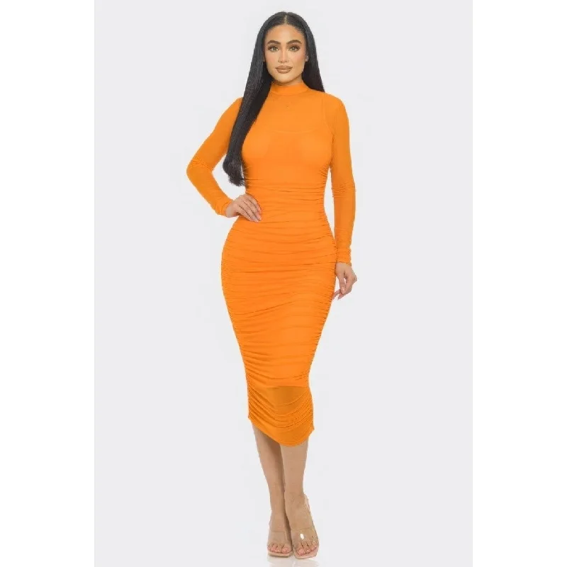 Solid Mesh Ruched Midi Dress