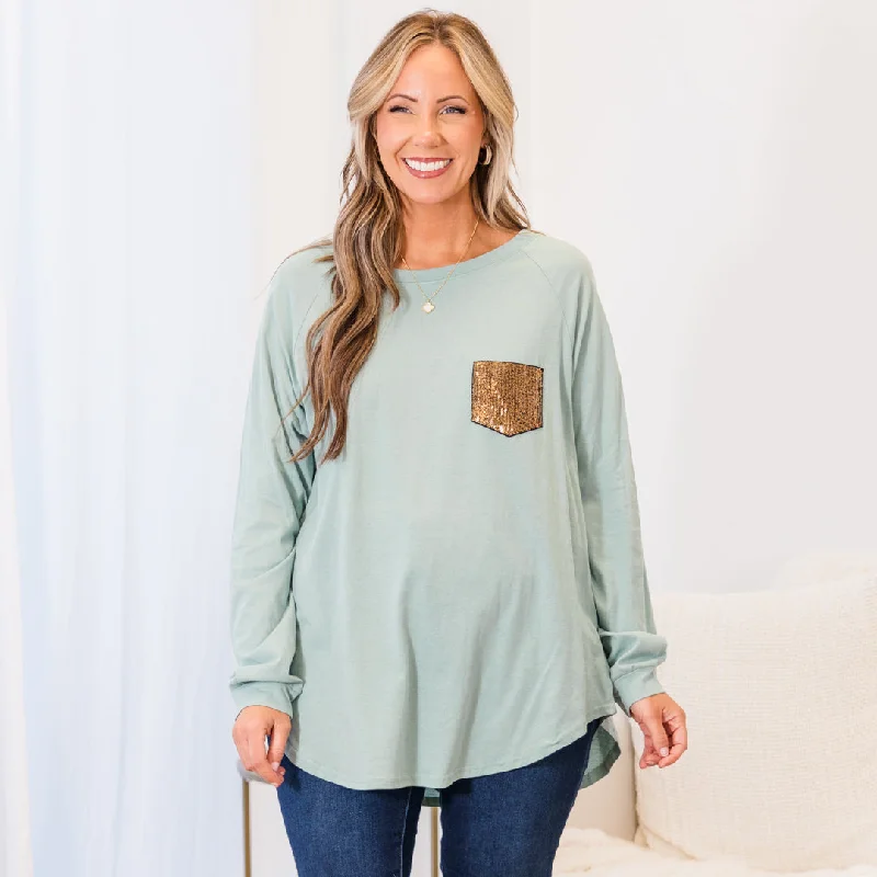 Curved Hem Slouchy Dolman Tunic, Mineral Mint Sequin