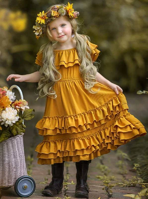 Marigold Sunset Tiered Ruffle Midi Dress