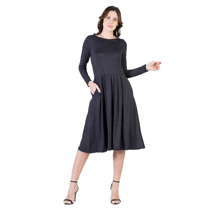 24seven Comfort Apparel Midi Length Fit N Flare Pocket Dress