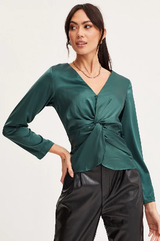 Green Twist Front Top Long Sleeve