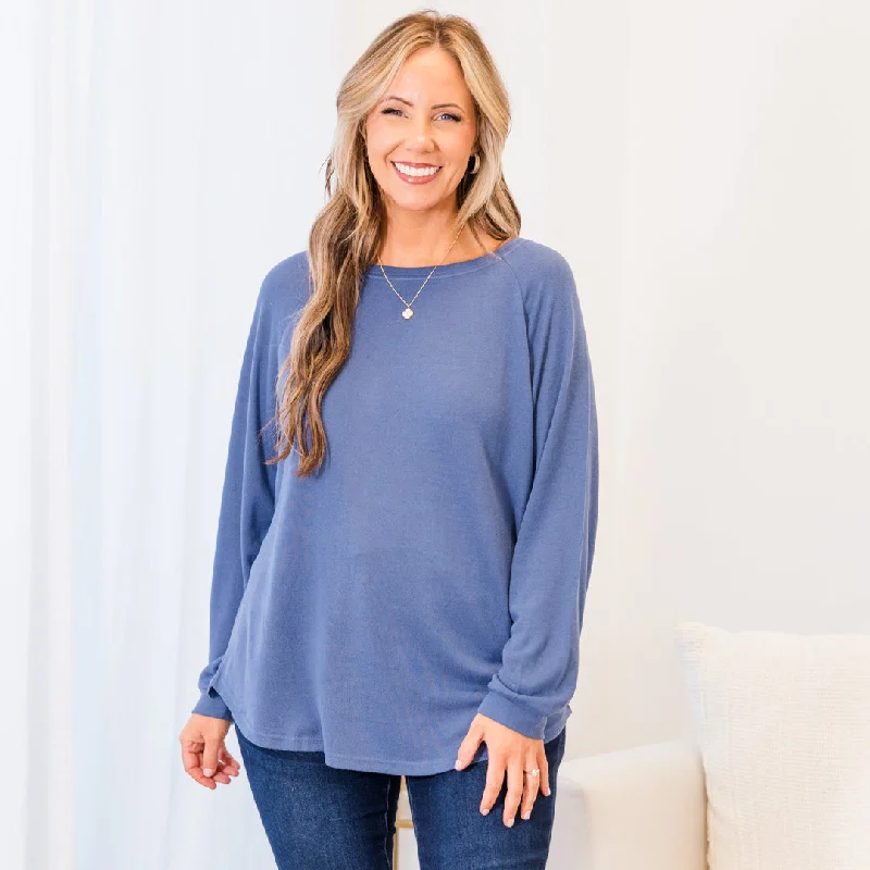 Curved Hem Slouchy Dolman Knitted Tunic, Denim