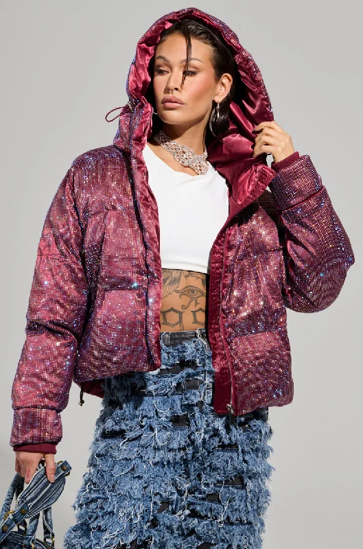 FAYE RHINESTONE PUFFER IN BURGUNDY