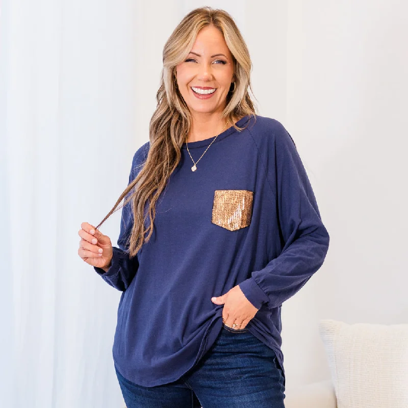 Curved Hem Slouchy Dolman Tunic, Navy Sequin