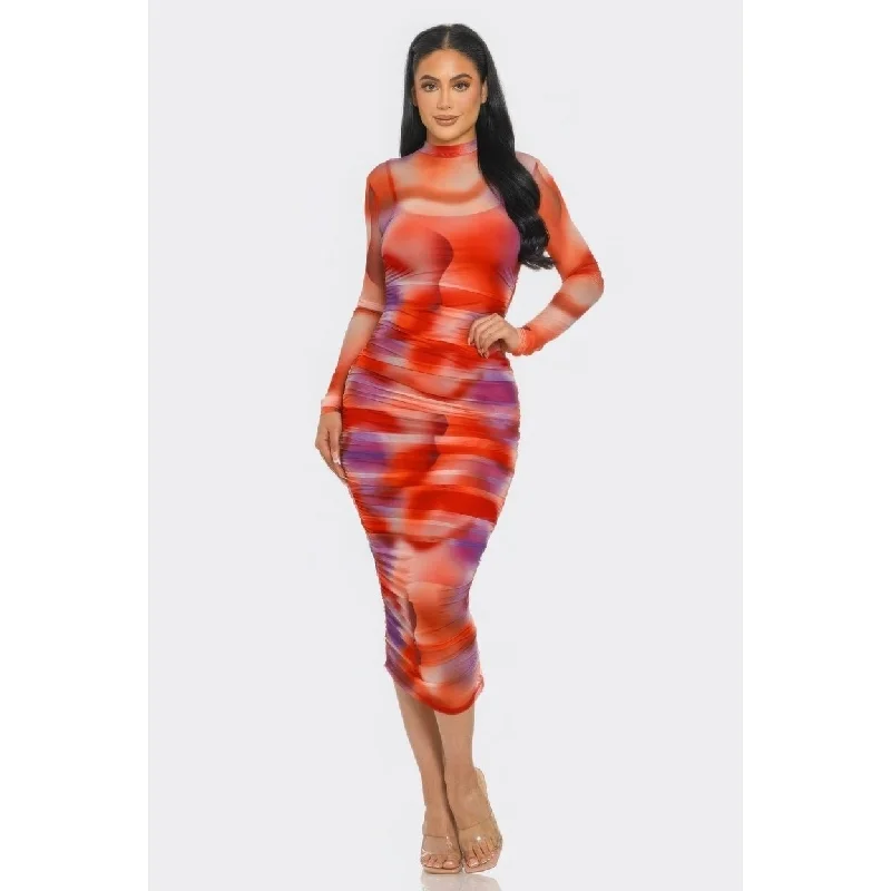 Summer Heat Print Mesh Ruched Midi Dress