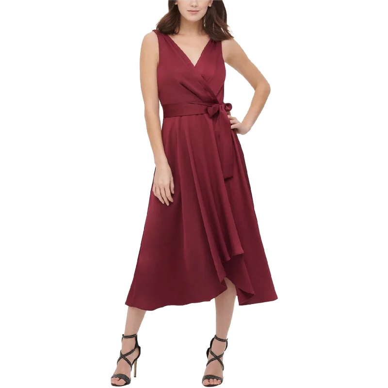 DKNY Womens Belted Midi Dress, Red, 2