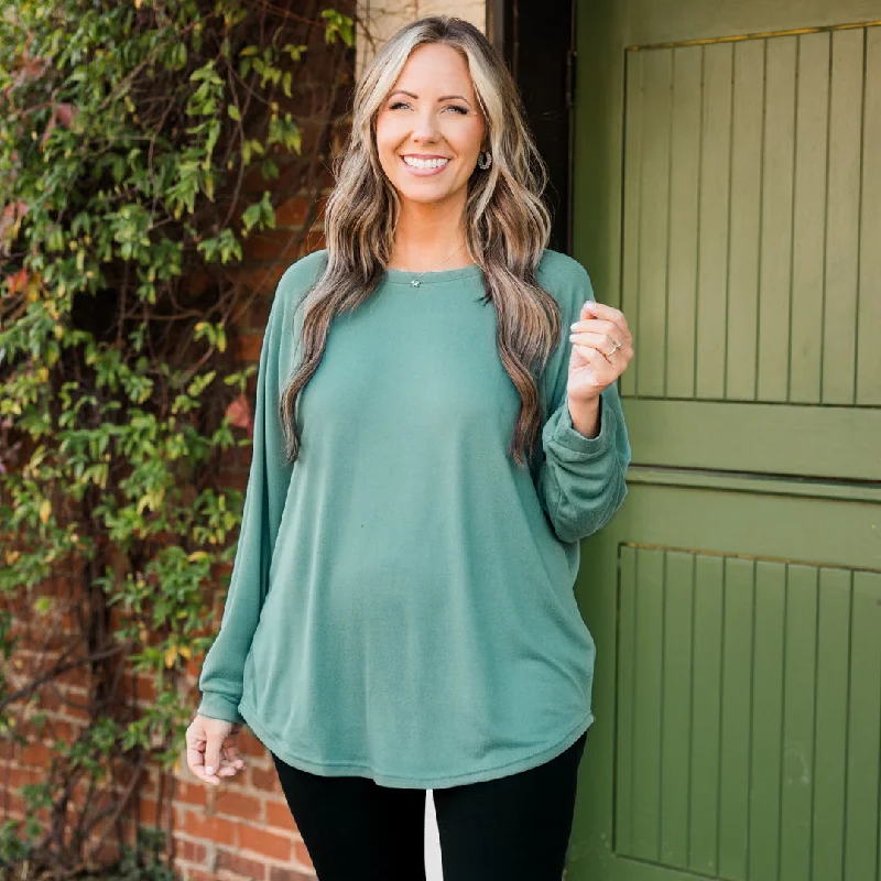 Curved Hem Slouchy Dolman Knitted Tunic, Sage