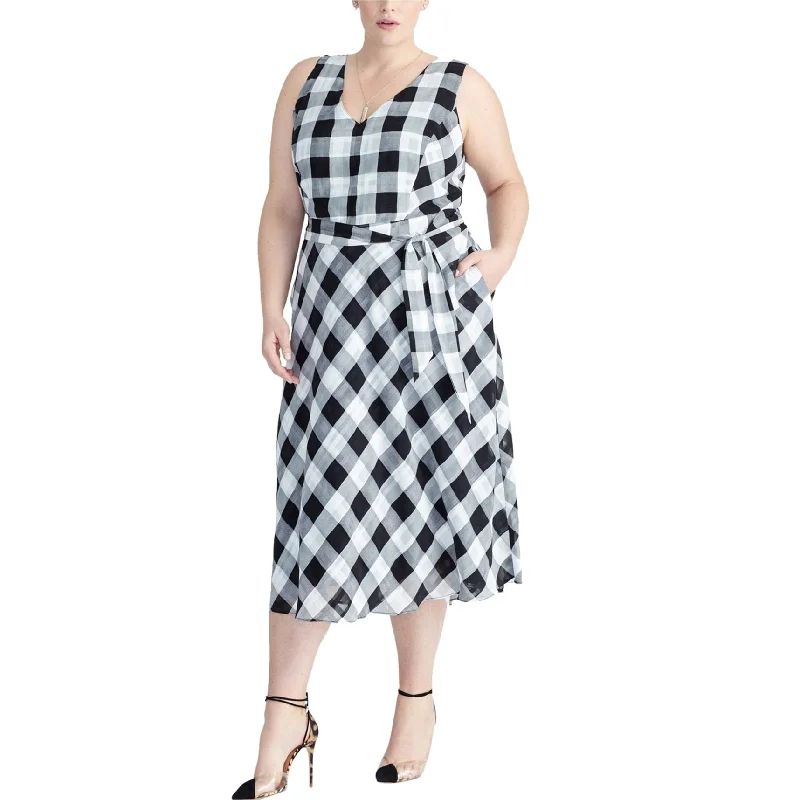 Rachel Roy Womens Checkered Midi Dress, Black, 24W