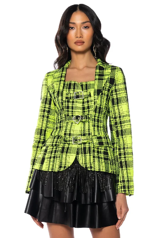 PLAID ABOUT YOU OPEN BACK BLAZER