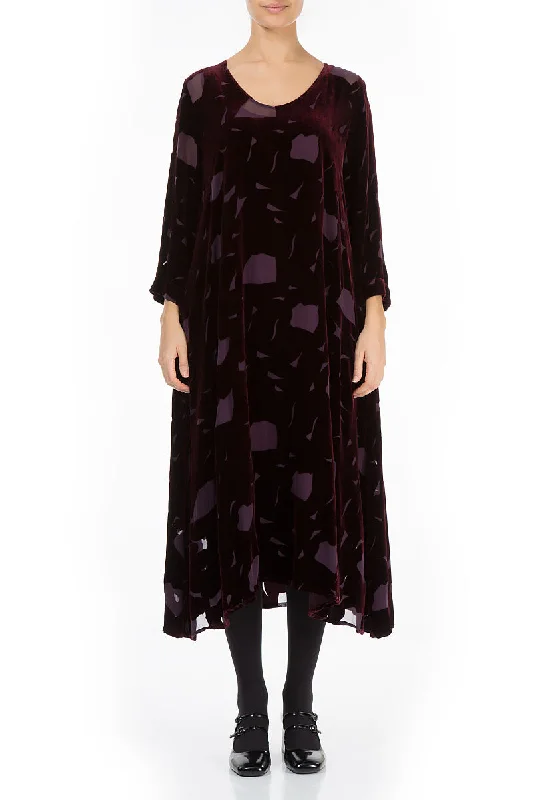 Flowy Abstract Devoré Wine Silk Velvet Midi Dress