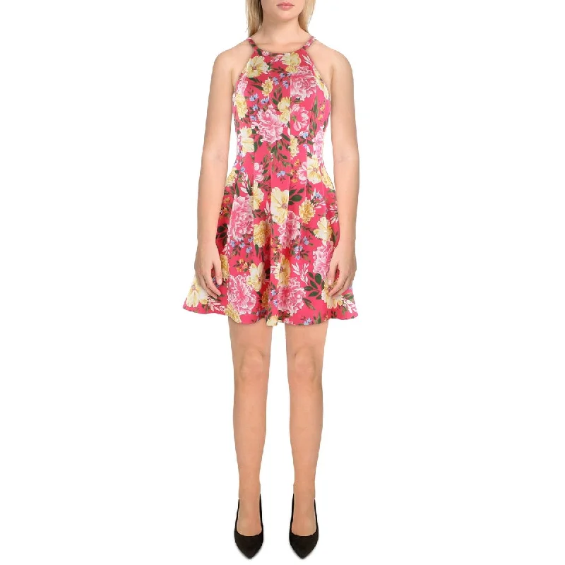 Vince Camuto Womens Petites Floral Print Mini Fit & Flare Dress