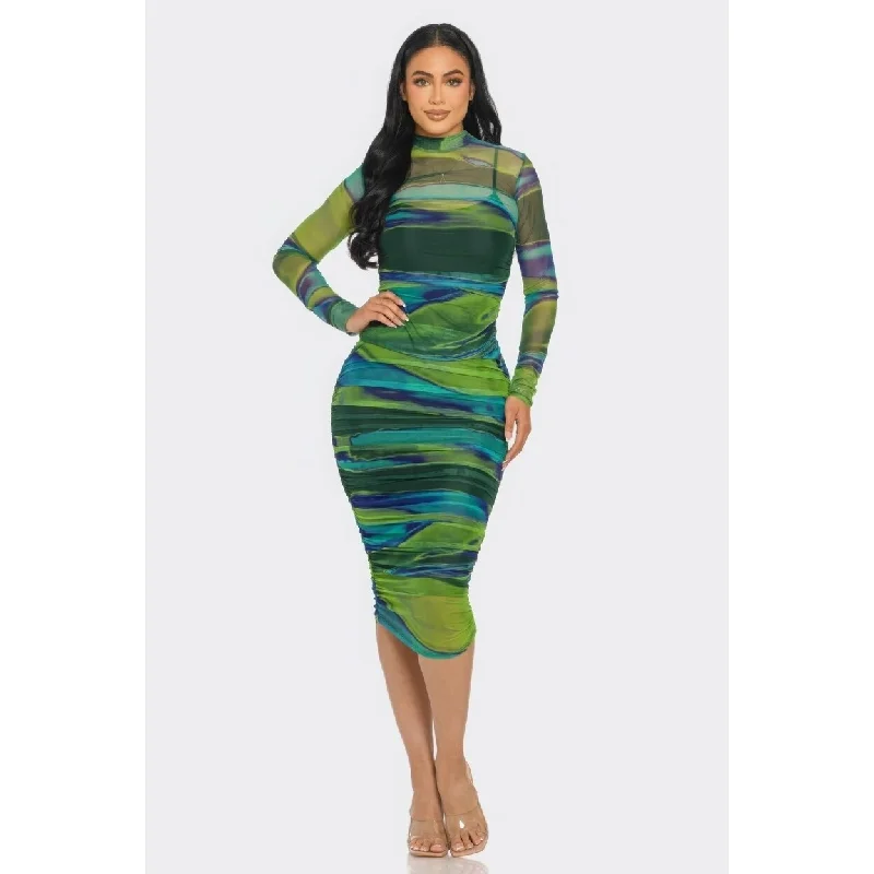 Glitch Print Mesh Ruched Midi Dress