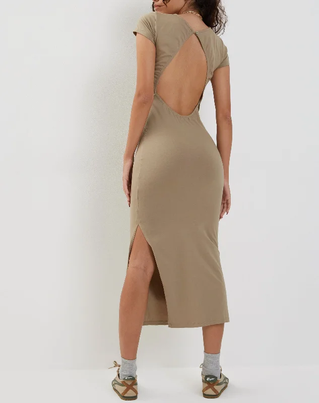 Kasor Open Back Midi Dress in London Fog