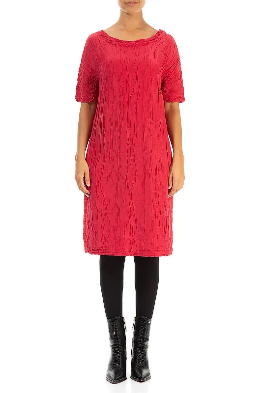 Crinkled Red Silk Linen Midi Dress