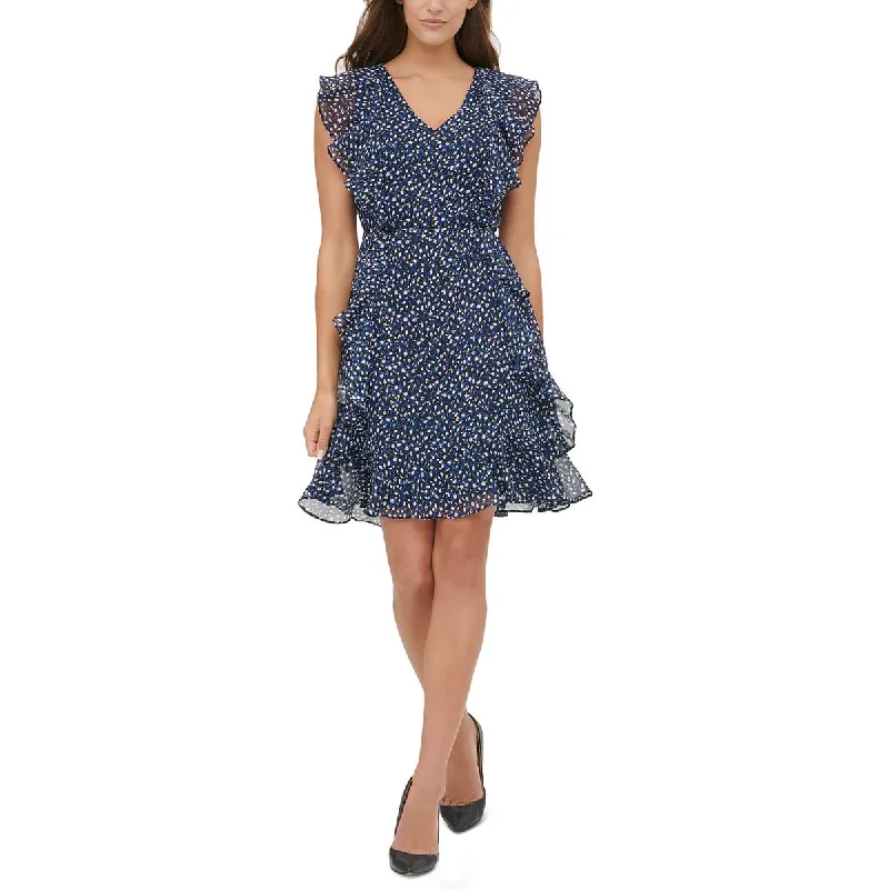 Tommy Hilfiger Womens Petites Ruffle Mini Fit & Flare Dress