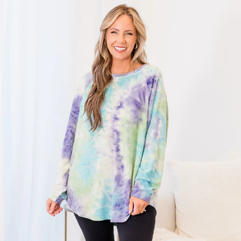 Curved Hem Slouchy Dolman Tunic, Tie Dye Purple