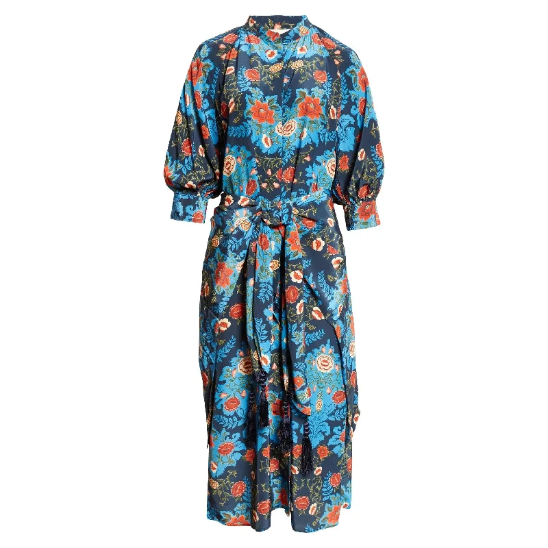 Farm Rio Womens Tie Front Midi Dress Arabesque Floral Blue