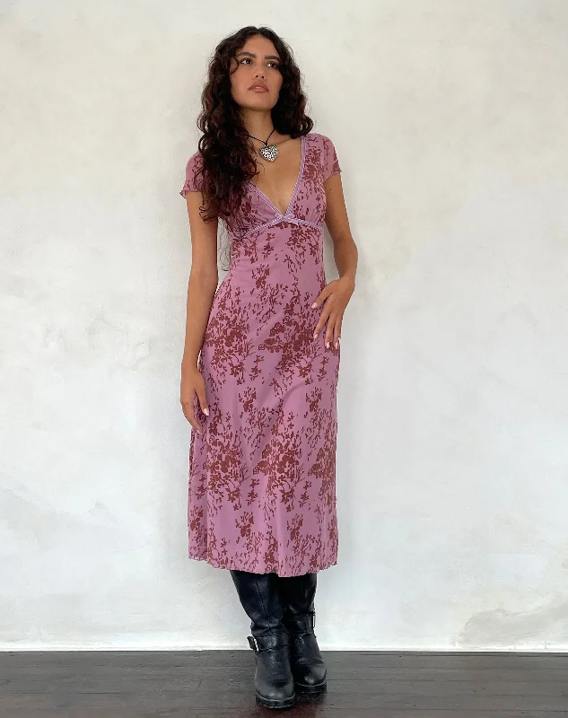 Vilinia Midi Dress in Abstract Botanic Mauve