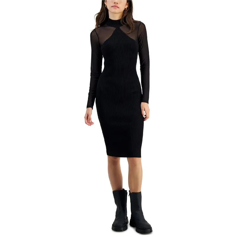 Almost Famous Womens Long Sleeve Ribbed Bodycon Midi Dress, Black, X-Large