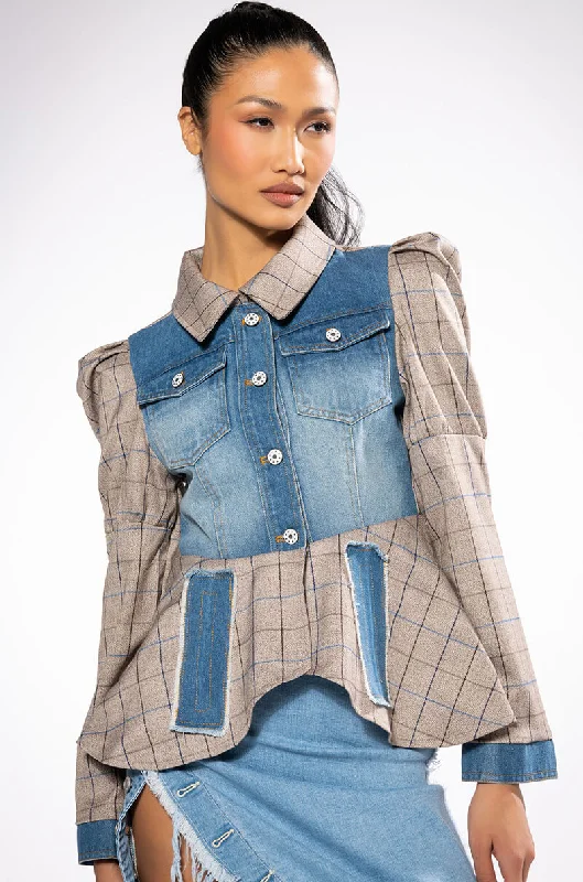 DC MIX MATERIAL DENIM PLAID BLAZER