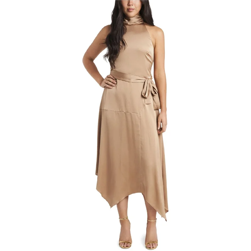 Vince Camuto Womens Halter Neck Belted Midi Dress, Beige, 10