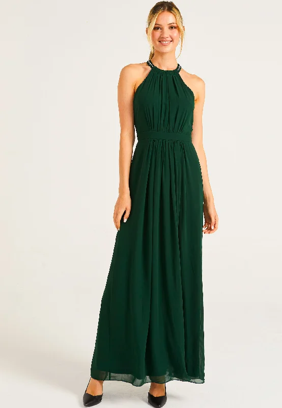 Beaded Halterneck Maxi Dress in Emerald Green