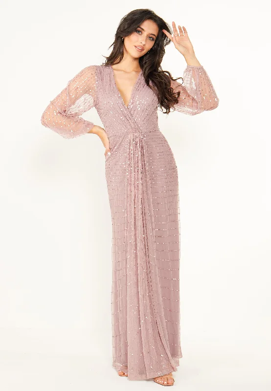 Embellished Long Mesh Sleeve Maxi Dress in Lavender