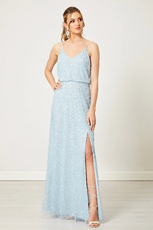 Scatter Embellished Sequin Maxi Dress in Silver Blue