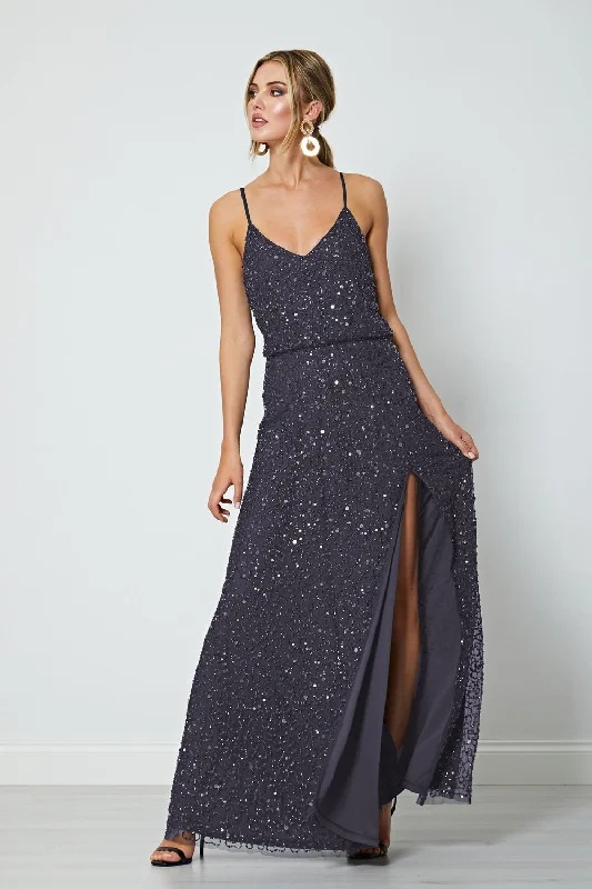 Scatter Embellished Sequin Maxi Dress in Gunmetal