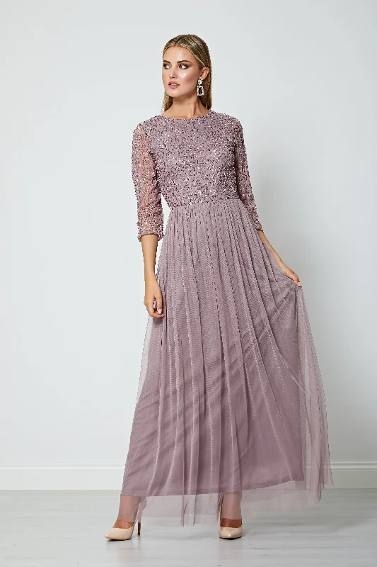 Embellished Sequin Long Sleeve Maxi Dress in Lavender