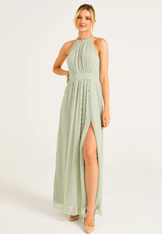 Beaded Halterneck Maxi Dress in Sage Green