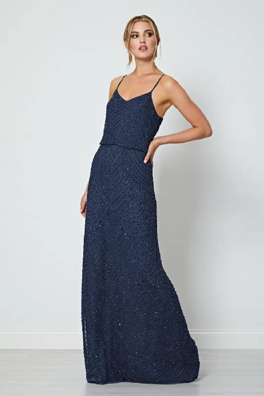 Cami Sequin Stripe Embellished Maxi Dress in Navy