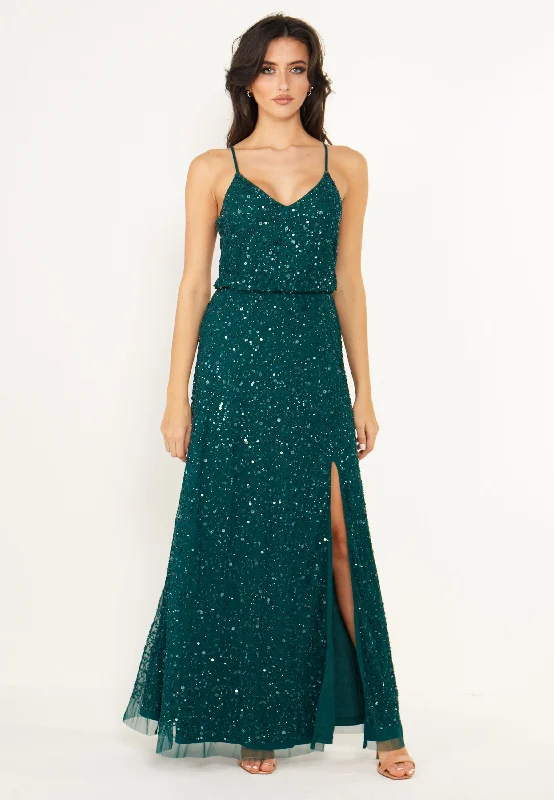 Scatter Embellished Sequin Maxi Dress in Emerald Green