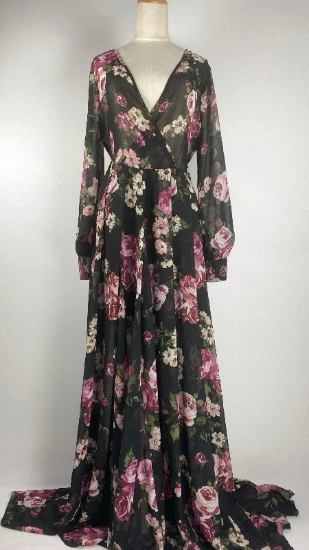 Long Sleeve Maxi Dress with Bold Flowers, Black