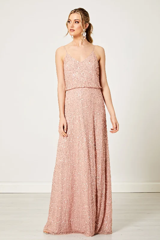 Scatter Embellished Sequin Maxi Dress in Rose Gold