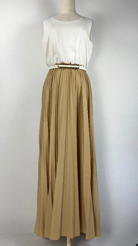 Sleeveless Pleated Maxi Dress, Beige