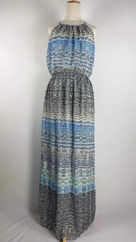 Spaghetti Straps Maxi Print Dress, Blue and Beige