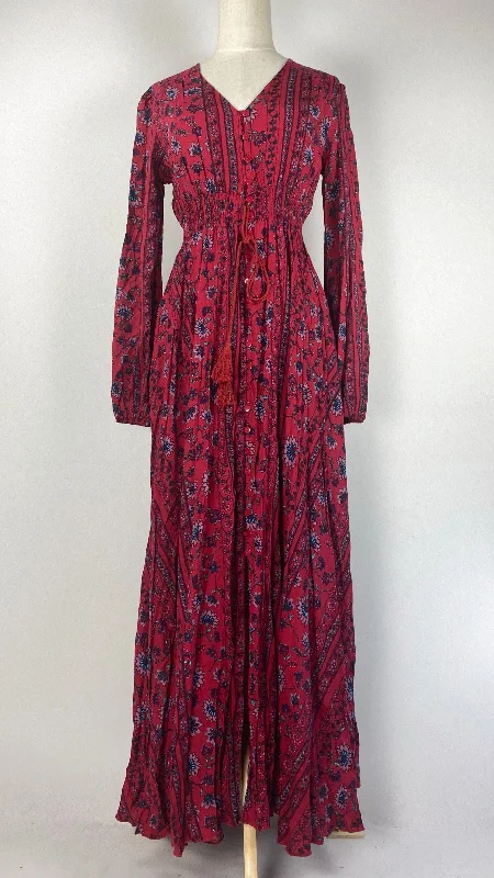 Long Sleeve Printed A-Line Maxi Dress, Fuschia