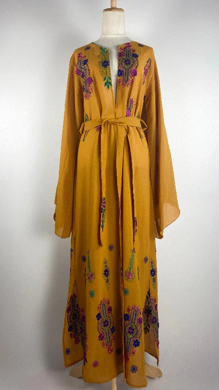 Long Sleeve Open Maxi Cardigan with Embroidery, Mustard