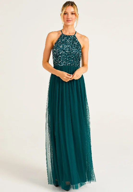 Embellished Halter Neck Maxi Dress in Emerald Green