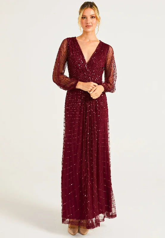 Embellished Long Mesh Sleeve Maxi Dress in Burgundy