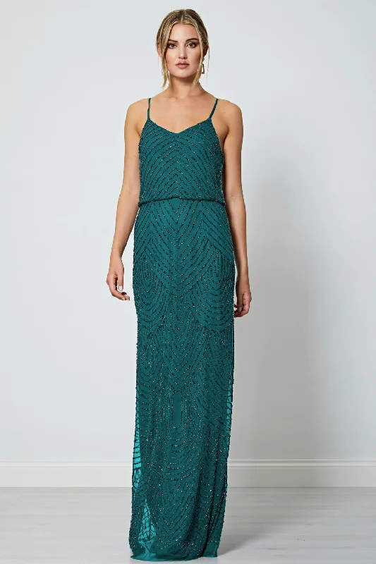 Cami Sequin Stripe Embellished Maxi Dress in Emerald Green