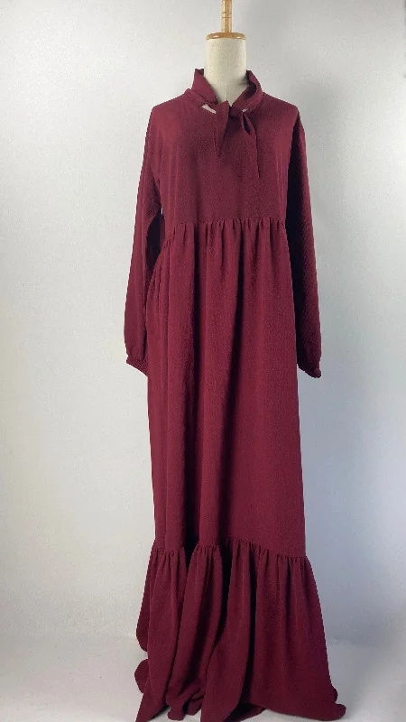 Long Sleeve Maxi Dress with Tie at Neck, Maroon