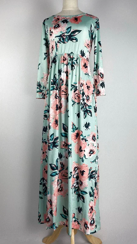 Long Sleeve Cinched Waist Maxi Dress, Blue and Pink