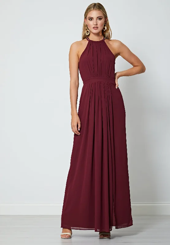 Beaded Halterneck Maxi Dress in Burgundy