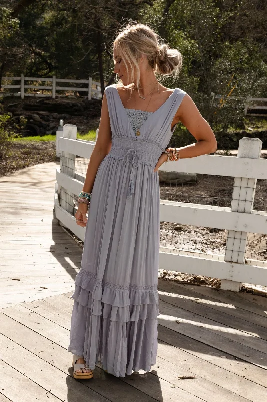 Santa Maria Tiered Lace Maxi Dress - Washed Gray